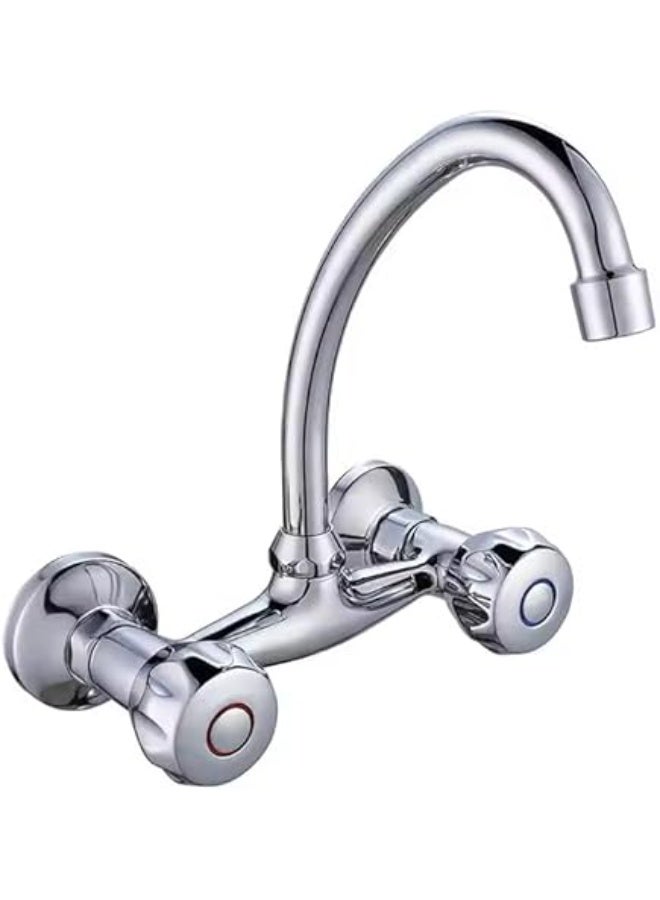 المفتاحة خلاط حوض مثبت على الحائط - صنبور ماء ساخن وبارد بمقبضين مع تدفق هواء مهوى بدون تناثر، فوهة بطول 22 سم، تشطيب كروم، خلاط من الفولاذ المقاوم للصدأ للمطبخ والحمام - Image 1